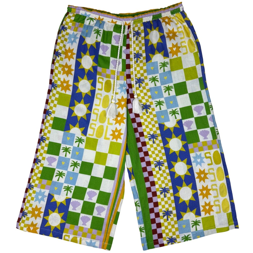 Celandine Patchwork Print Tropical Linen Blend Wide Leg Crop Pants Women XL Boho